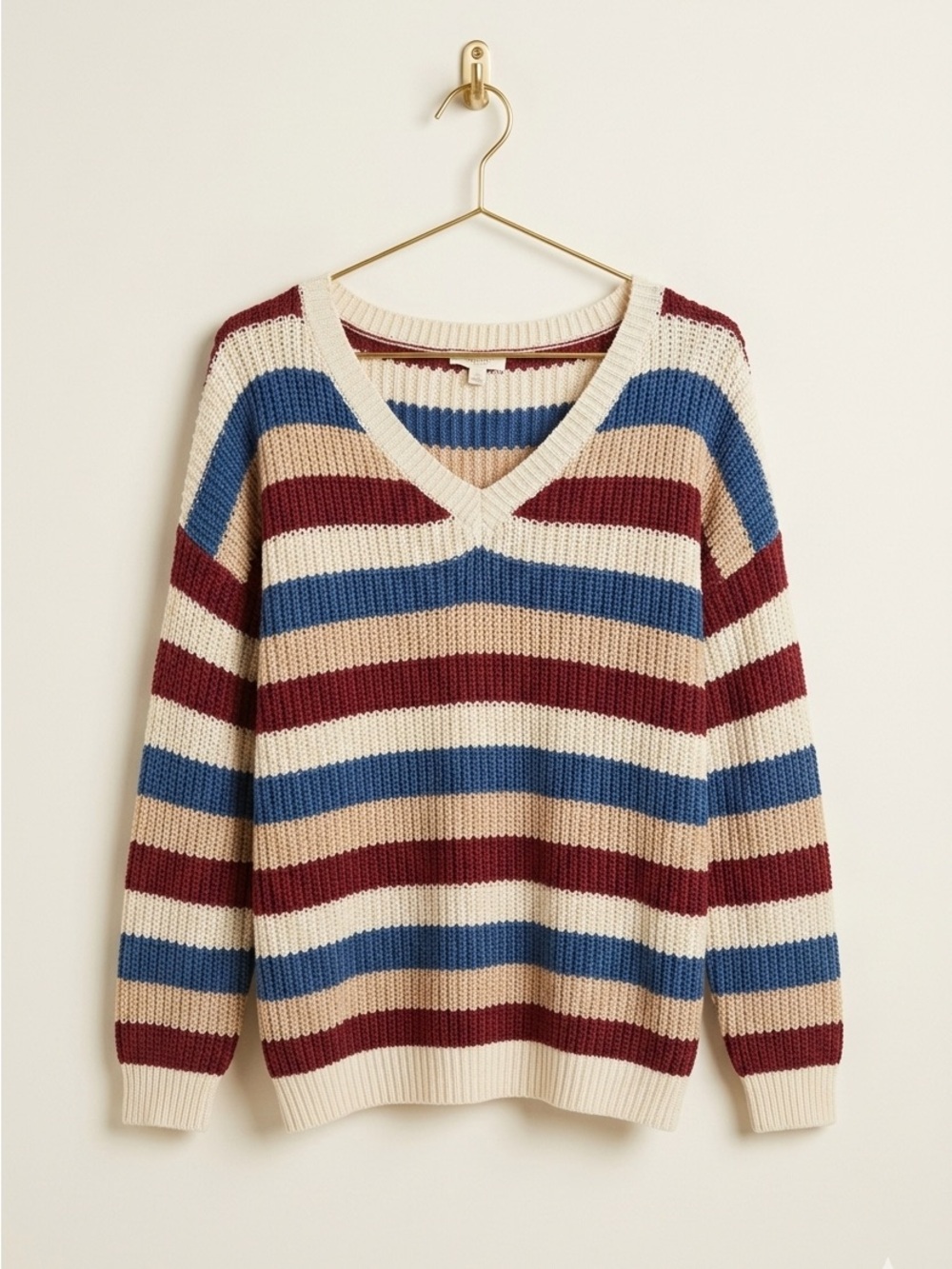 Promesa Striped V-Neck Sweater - Red, Blue, Cream